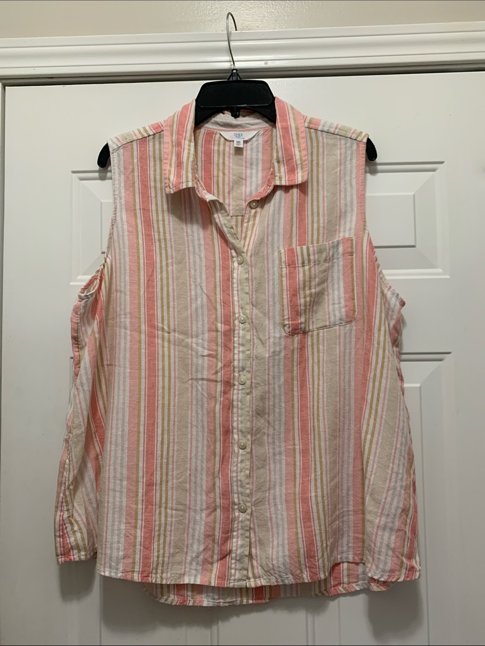 4/$10 Linen Blend Time & Tru Coral & Cream Striped Sleeveless Button-Down Shirt